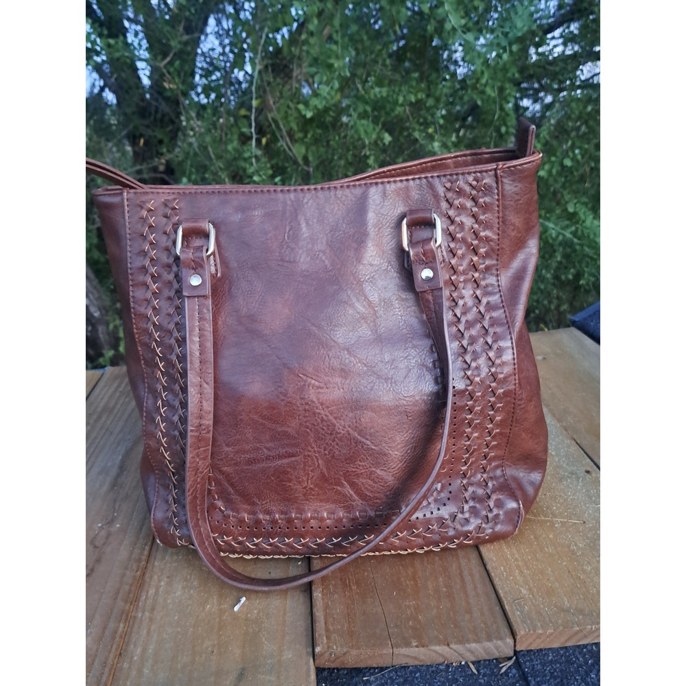 Madison West Brown Vegan Leather Whipstitch Woven Tote Shoulder Bag